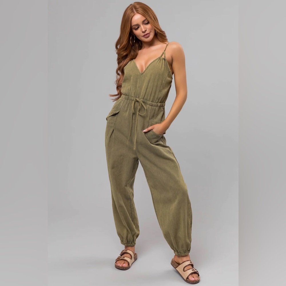 Eesome Stone Washed Drawstring Jogger Jumpsuit Jumper Olive - Picture 7 of 10